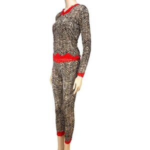 MARY GREEN Loungewear Set Y2K Zebra Print Silk Stretch Maximalist Red Lace sz S